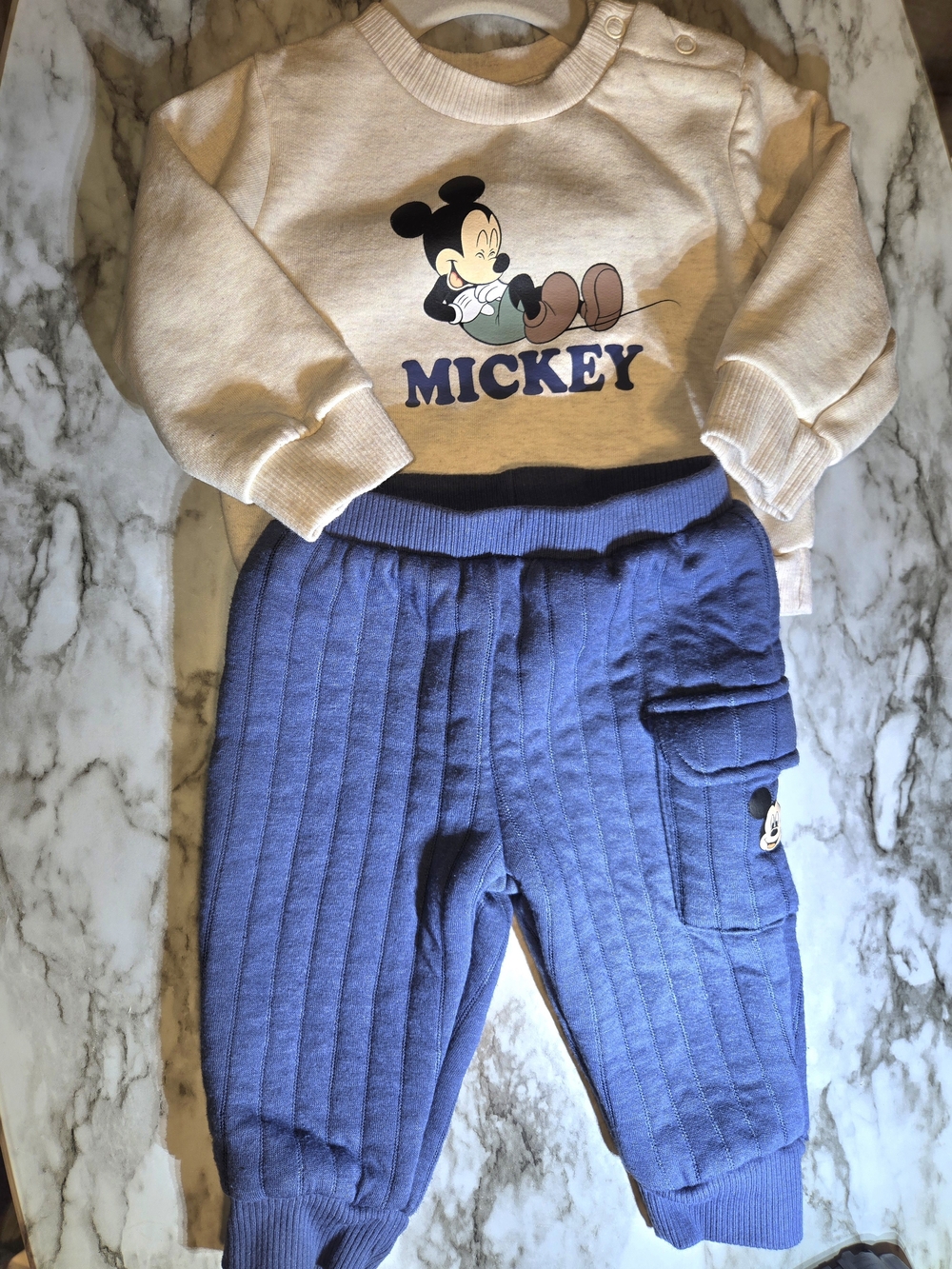 Disney Baby Mickey Cream Top & Blue Quilted Joggers Set
